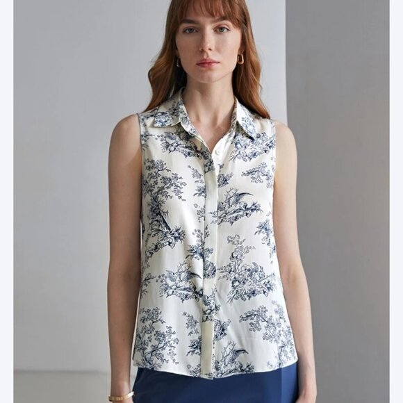 NWT silk blend botanical deer delft print collared blue button down tank blouse - Picture 4 of 5
